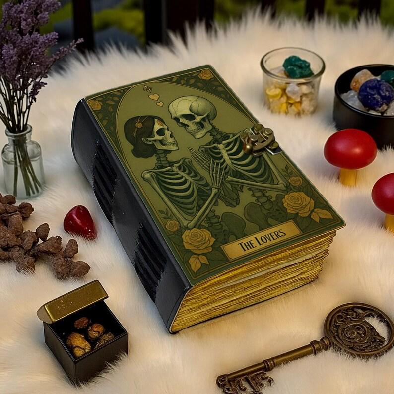 Grimoire leather journal, The Skull Lovers Handmade Fat Journal, Blank spell book of shadows Celestial Lover Gifts For Him Her