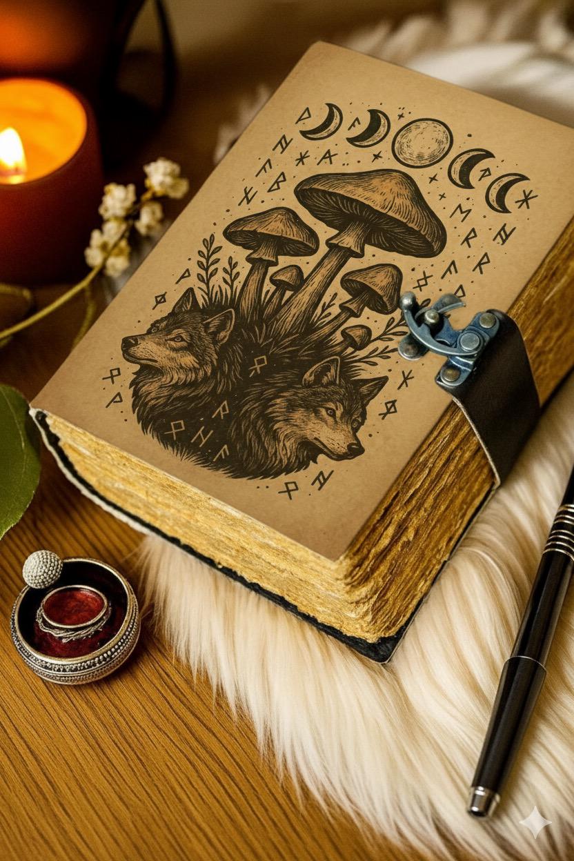 Mushroom Grimoire Leather Journal - Moon Phase Book of Shadows Notebook -  Blank Spell Book Fox Leather Journal Gifts for Women
