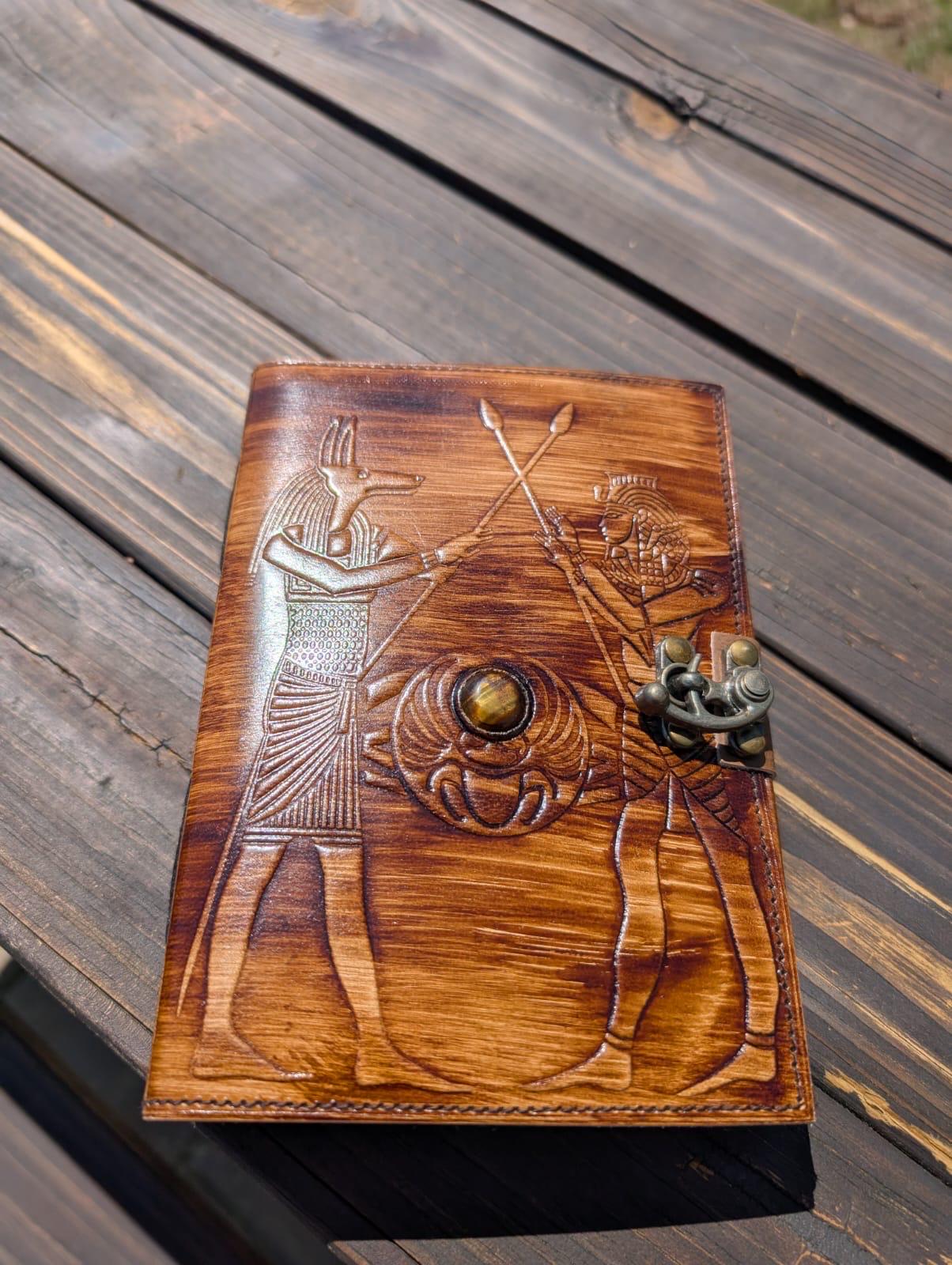 Vintage Leather Journal with Lock: Egyptian Hieroglyphs Grimoire