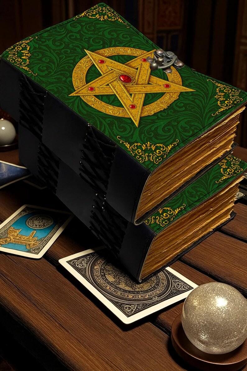 400 Page Large Handmade Black Leather Green Pentagram Journal: Wiccan Grimoire with Gemstone Book of Shadows Witchcraft Journal and Notebook