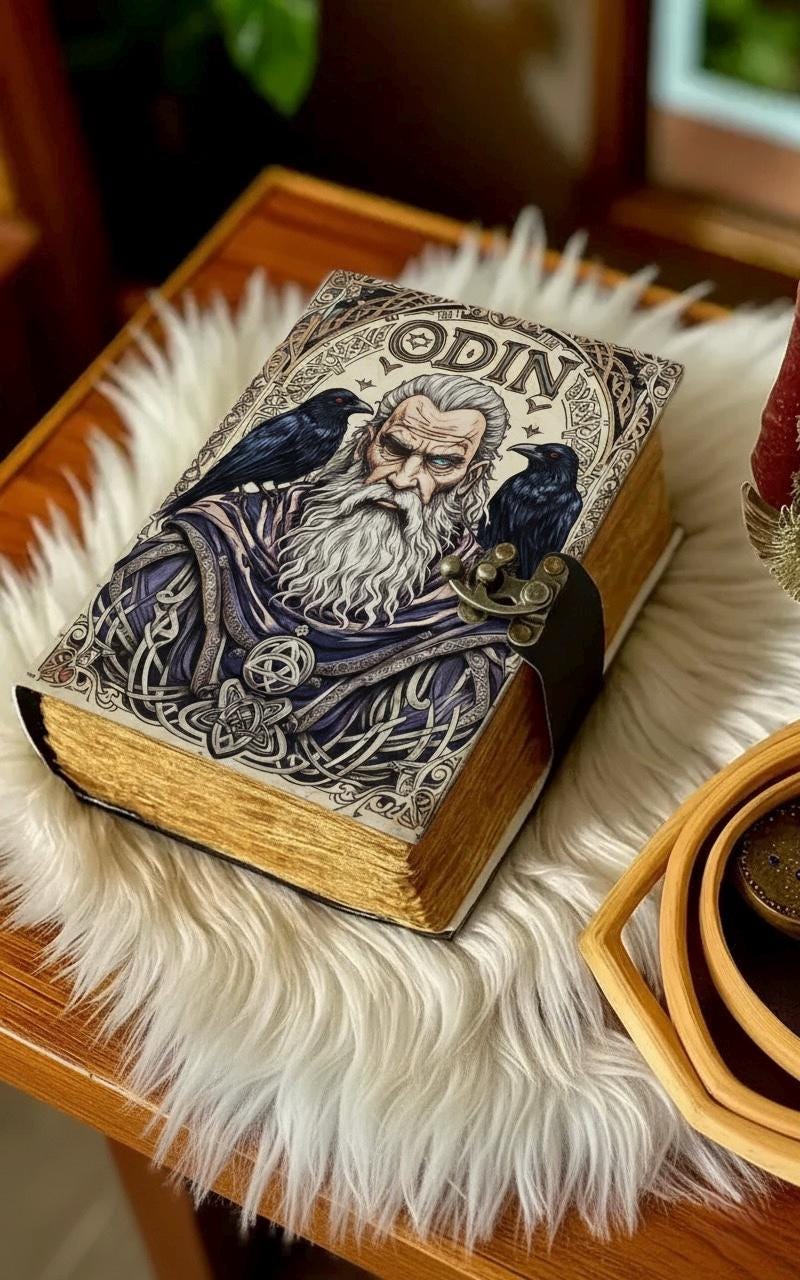 Odin Grimoire Book – Gothic Leather Journal with Deckle Edge Raven Spell Book of Shadows Handmade Sketchbook Magic Journal | Witchy Journal