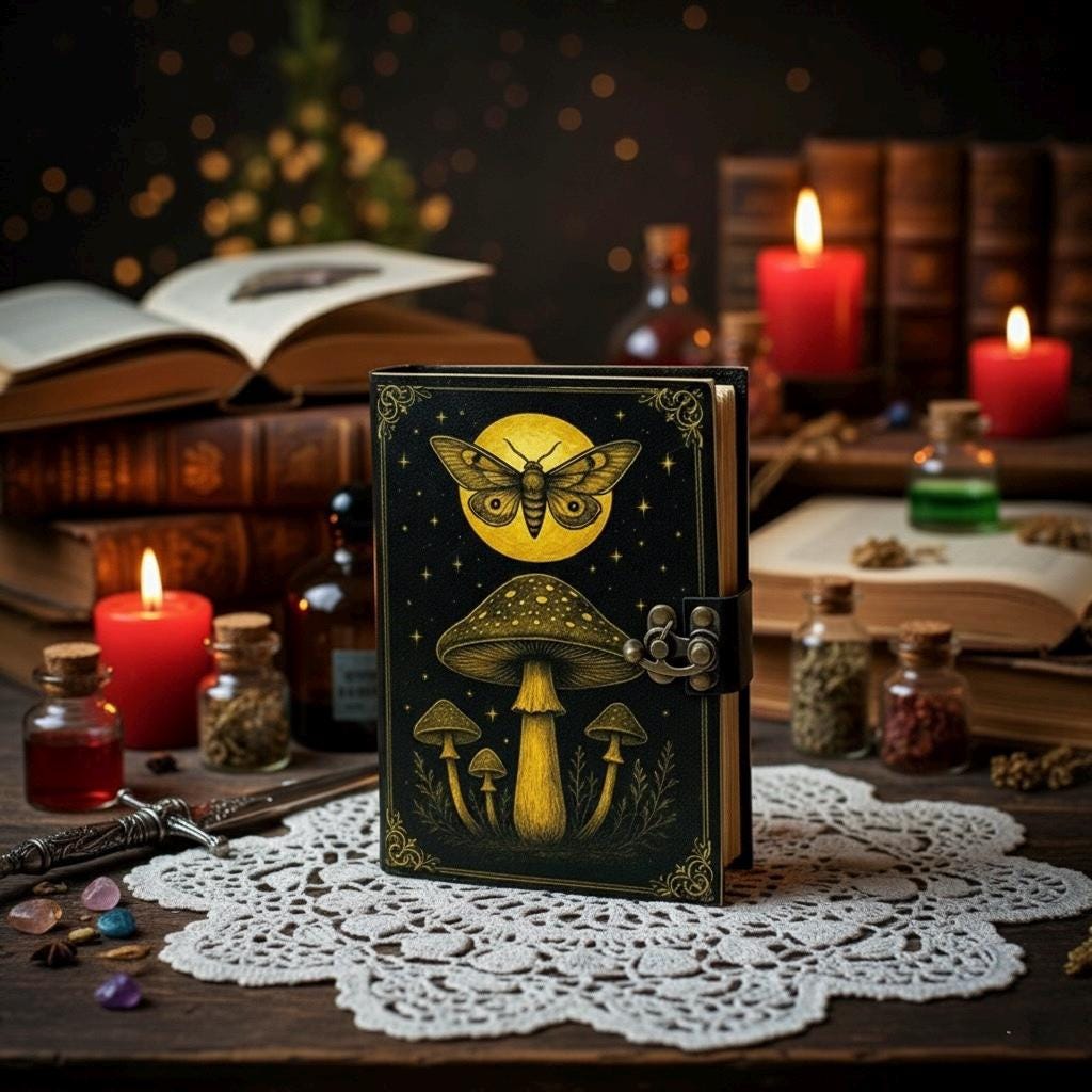 Mushroom Leather Journal, Fairy Luna Moth With Moon Grimoire Notebook, Witchcraft Book Spell Book of Shadows Gifts for Women