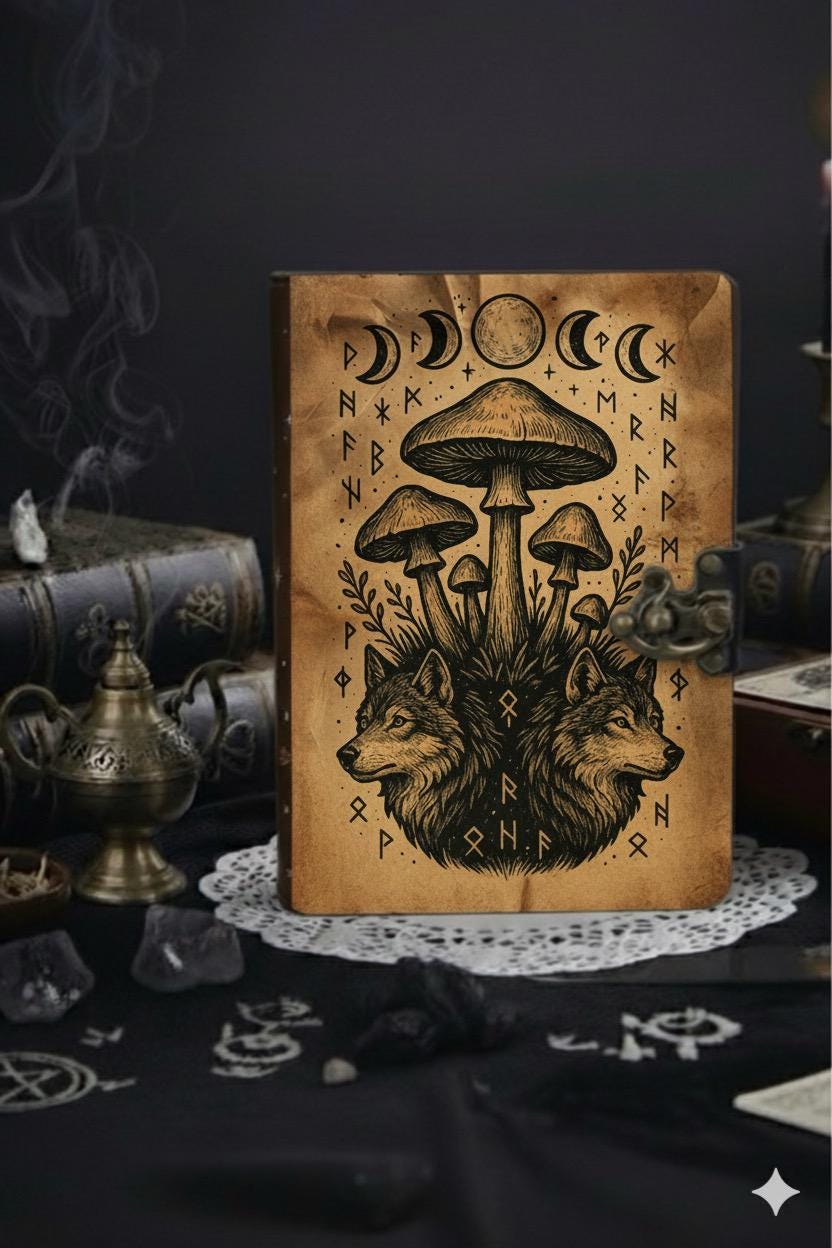 Mushroom Grimoire Leather Journal - Moon Phase Book of Shadows Notebook -  Blank Spell Book Fox Leather Journal Gifts for Women