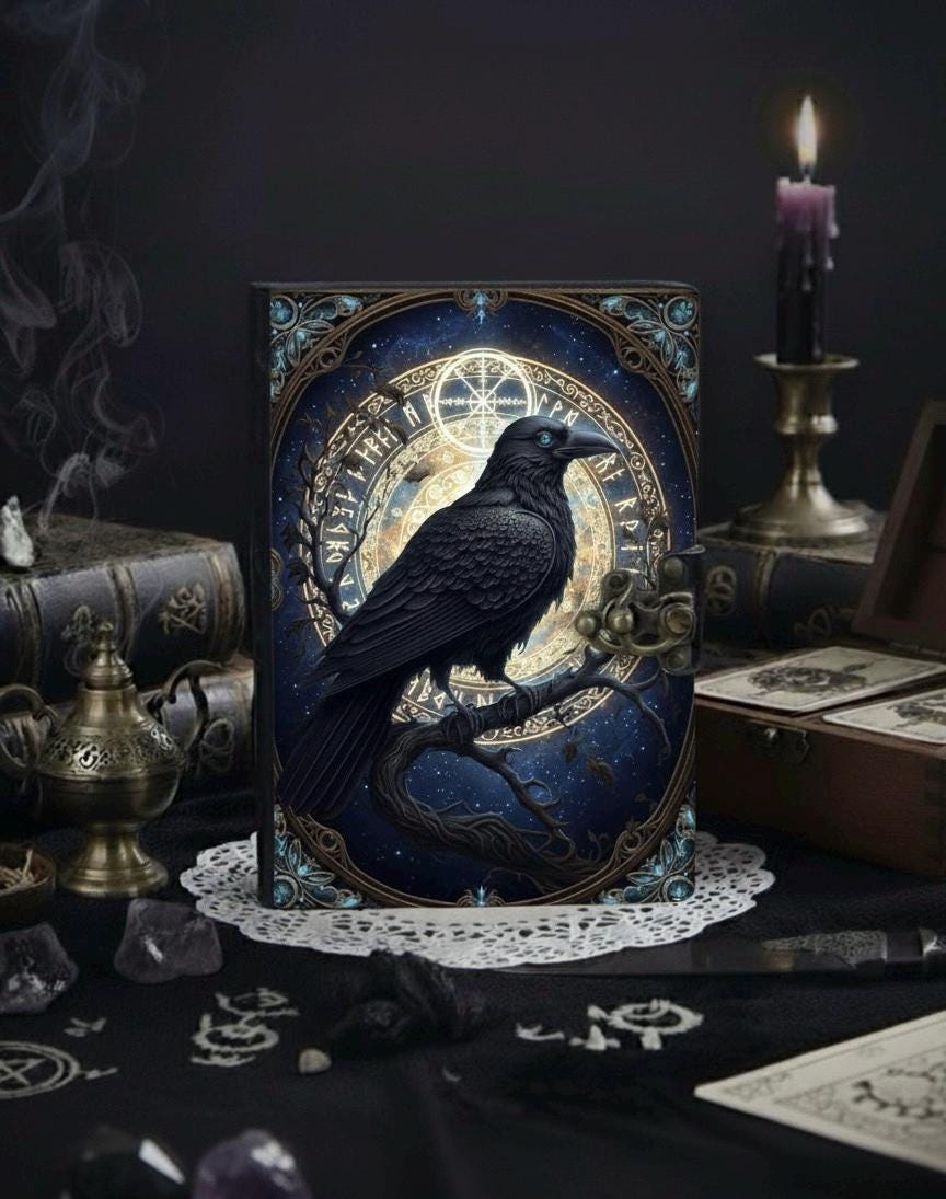 Raven Grimoire Vintage leather journal, Raven Leather Journal, Blank spell book of shadows Halloween Gifts For Him Her