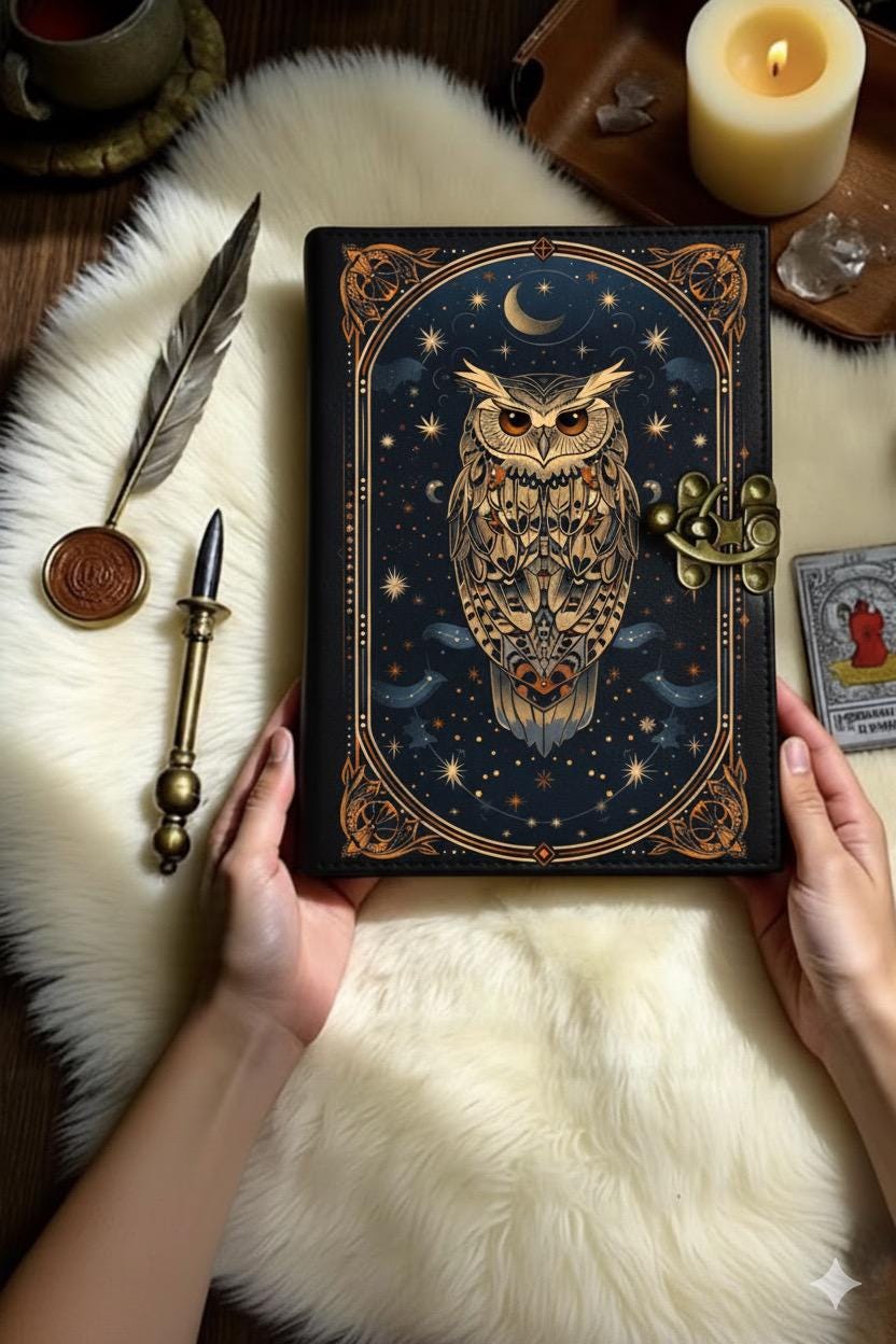 200 Page Owl Grimoire Journal – Blank Book of Shadows | Leather Spell Book of Wisdom | Handmade Witchy Sketchbook Moon Magic Tarot Notebook