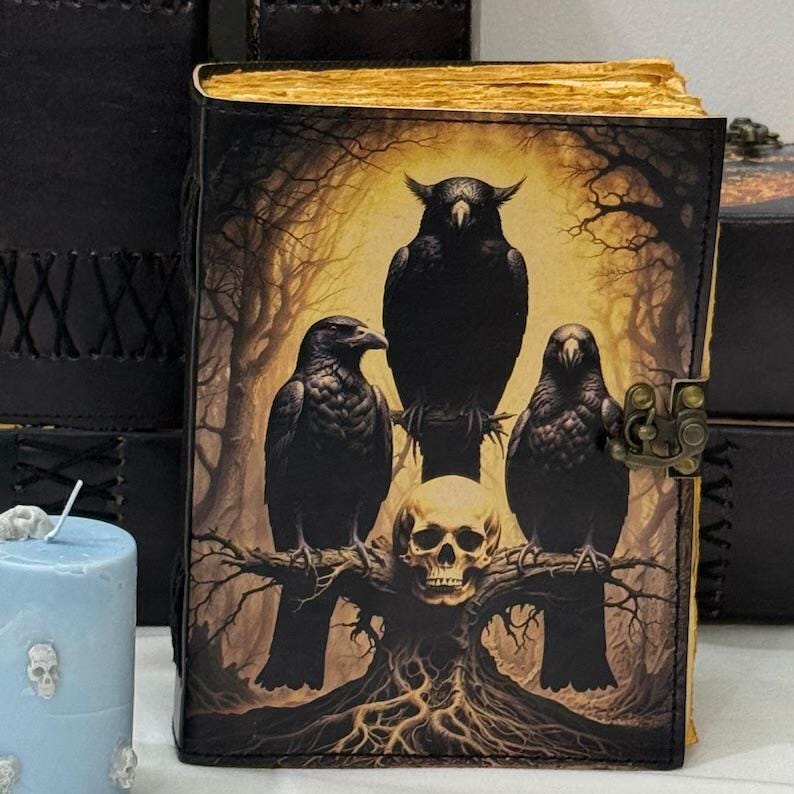 Gothic Raven Journal – Leather Book of Shadows | Dark Poetry Grimoire | Handmade Diary | Witchy Writing Notebook Halloween gift