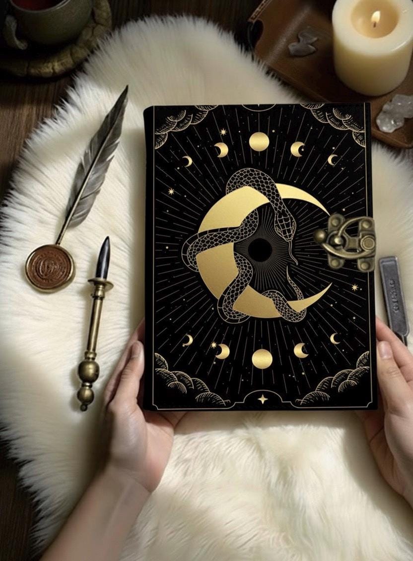 200 Page Black Magic Snake leather journal | Moon Phase Witch Grimoire | Handmade Spell Book with Lock | Deckle Edge Paper | Halloween Gift