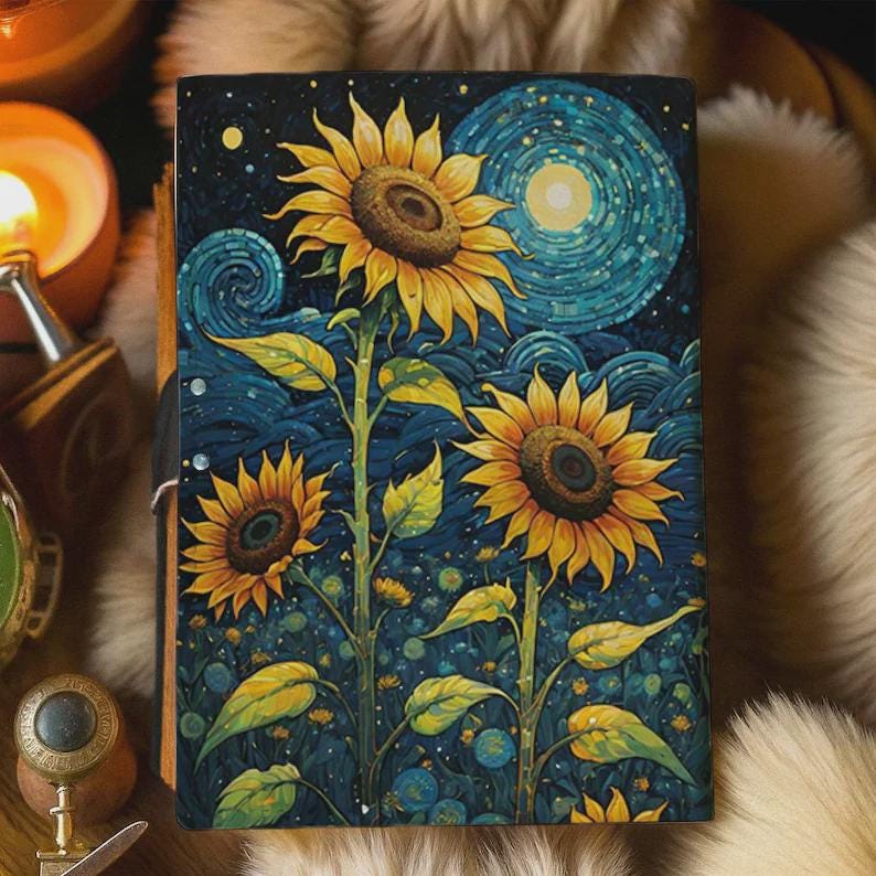 Handmade Leather Journal with Sunflower Design Starry Inspired Notebook Vintage Writing Diary with Deckle Edge Paper Boho Artistic Gift