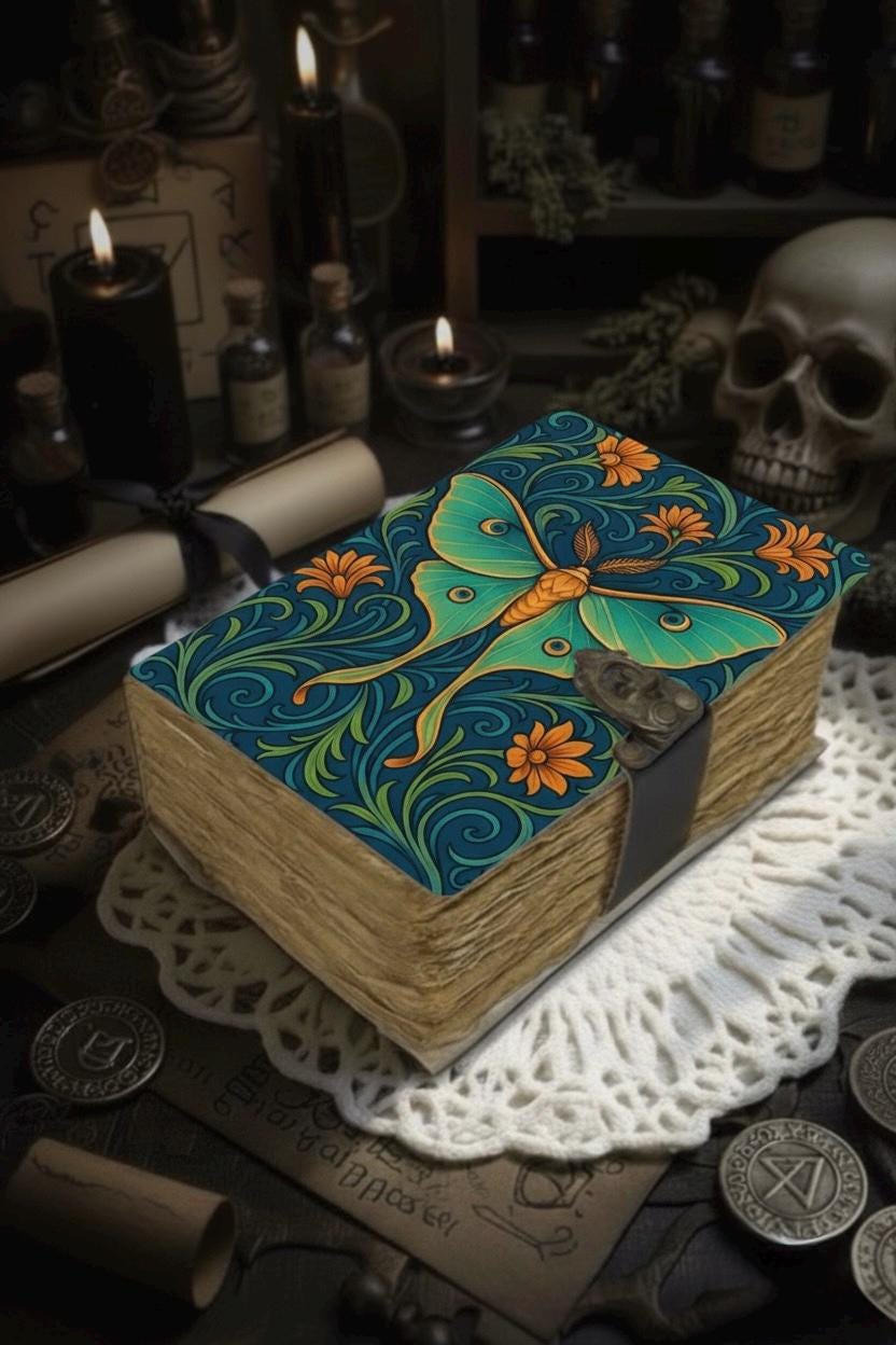 Luna Moth Grimoire – Handmade Luna Spell Book of Shadows Personalized Wiccan Leather Journal with Deckle Pages | Witchy Gift