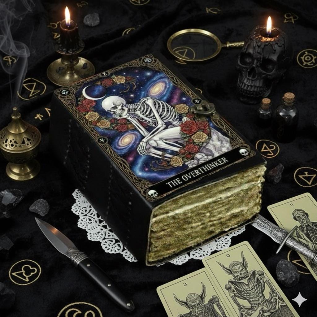 Overthinker Grimoire Leather Journal -Gothic Tarot Notebook -Blank Spell Book of shadows Handmade Sketchbook 200–400 Pages | Witchy Journal