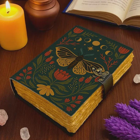 Vintage Leather Moth Journal with Moon Phases – Celestial Grimoire Notebook with Deckle Edge Paper, Witchy Décor Diary, Gothic Gift