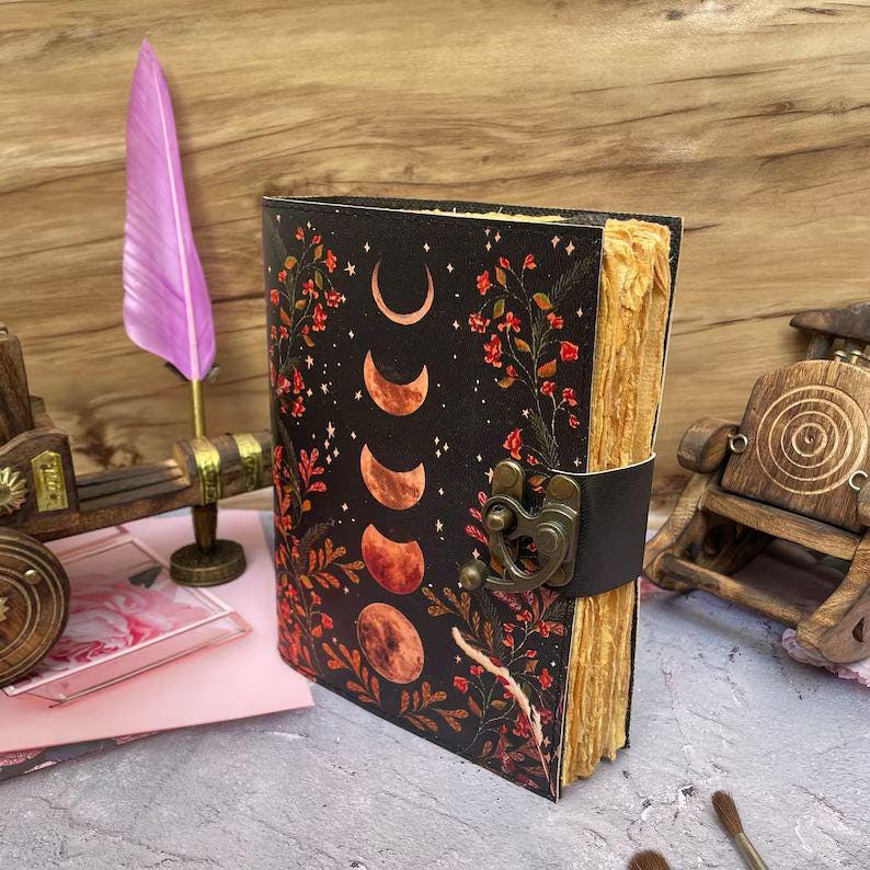 Grimoire Vintage leather journal, Moon Phase Handmade Fat Journal, Blank spell book of shadows Celestial Gifts For Him Her