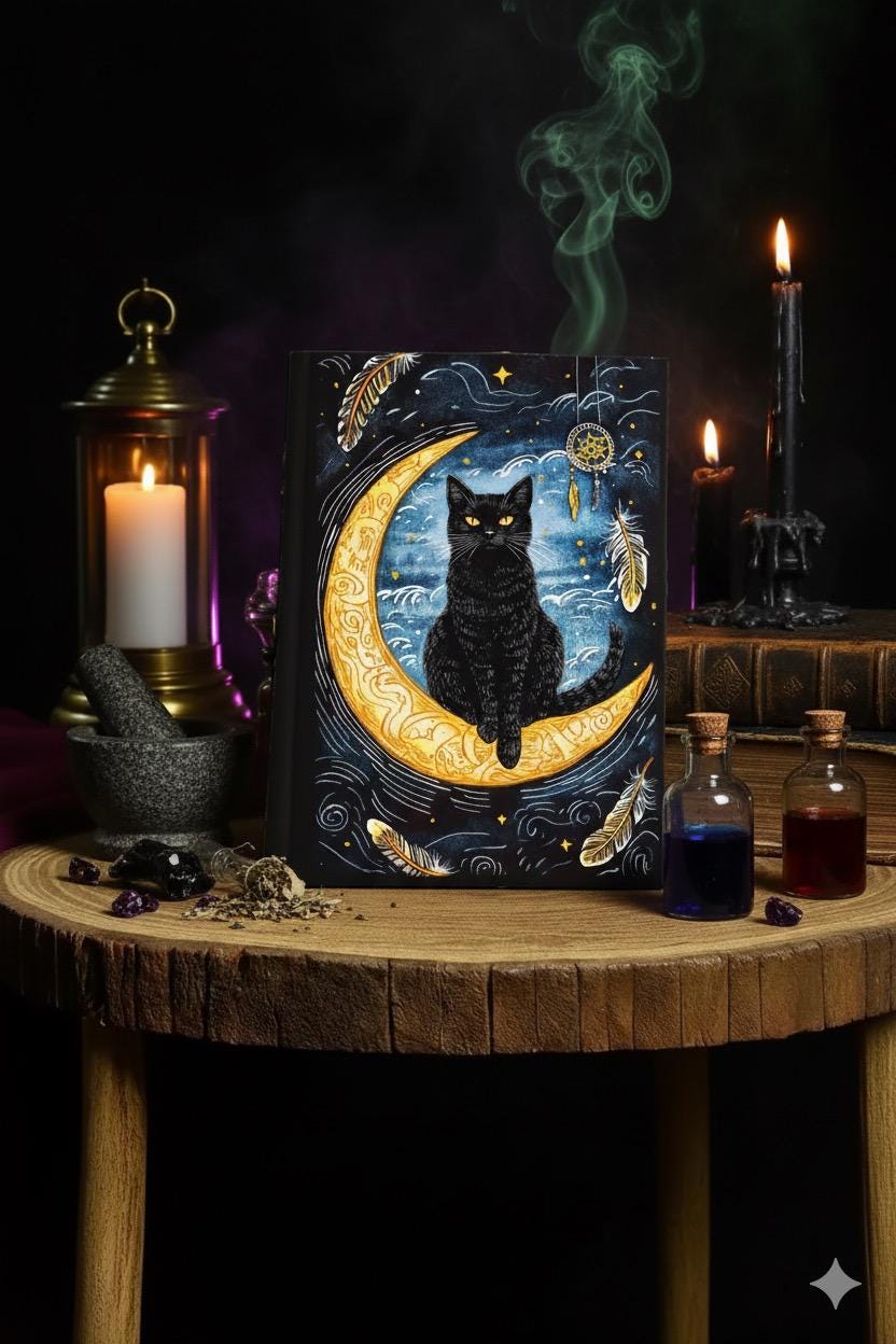 400 Page Large Leather Grimoire Journal: Cat Print Book of Shadows Magic Leather Journal, Spell book Magic Cat  Journal Halloween Gifts