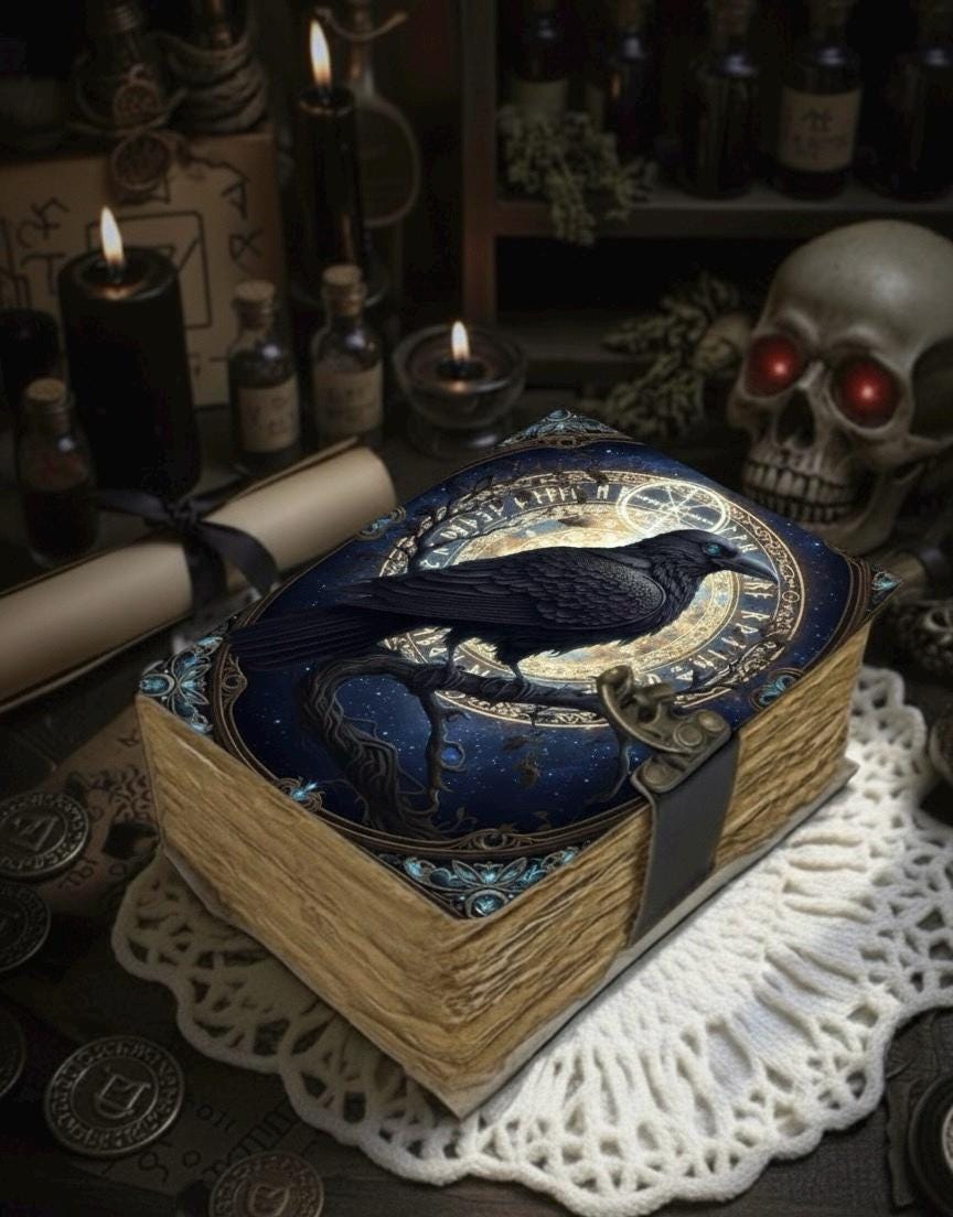 Raven Grimoire Vintage leather journal, Raven Leather Journal, Blank spell book of shadows Halloween Gifts For Him Her