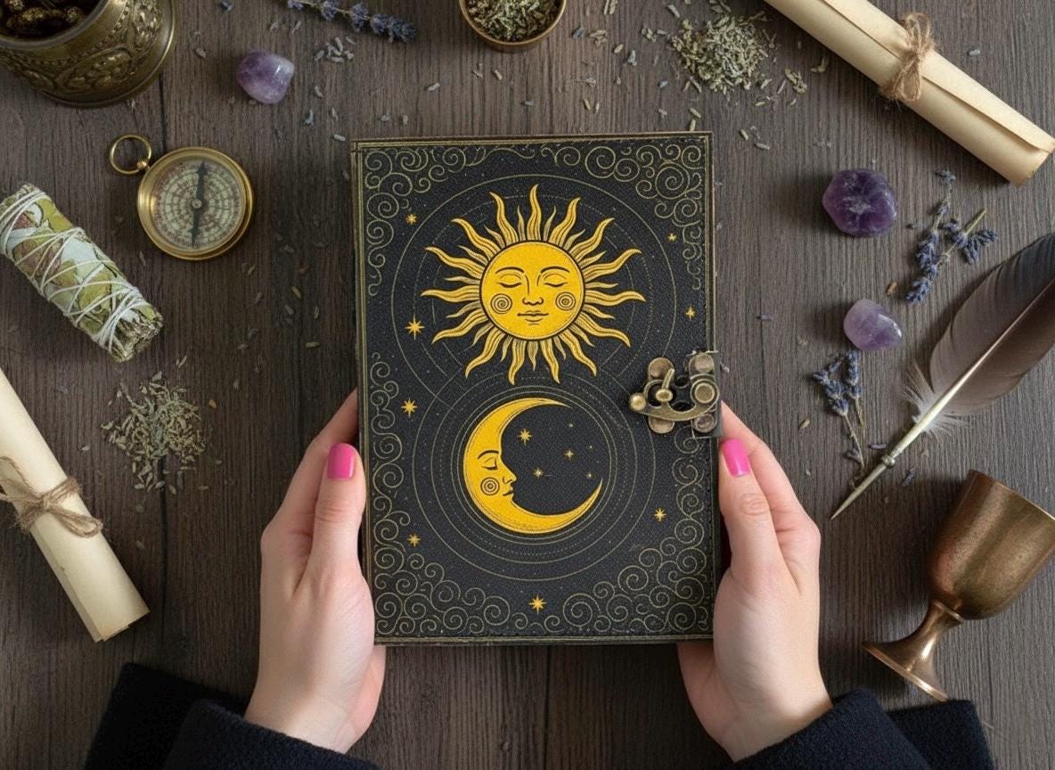 Sun Moon Grimoire Vintage leather journal, Moon Leather Journal, Blank spell book of shadows Halloween Gifts For Him Her