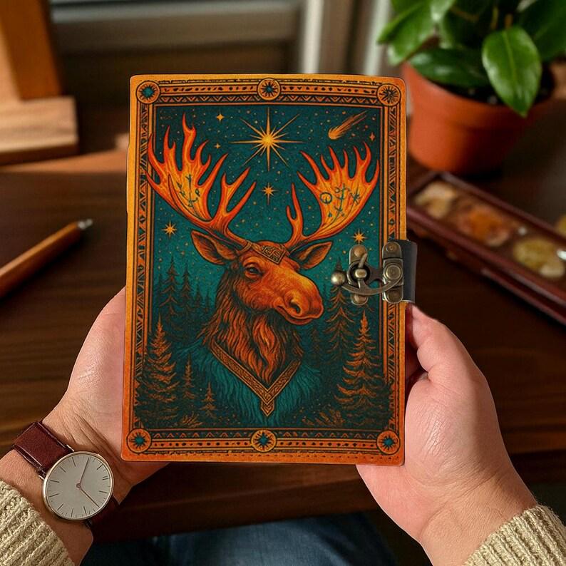 Moose/Deer Grimoire Vintage leather journal, Deer Leather Journal, Blank spell book of shadows Halloween Gifts For Him Her