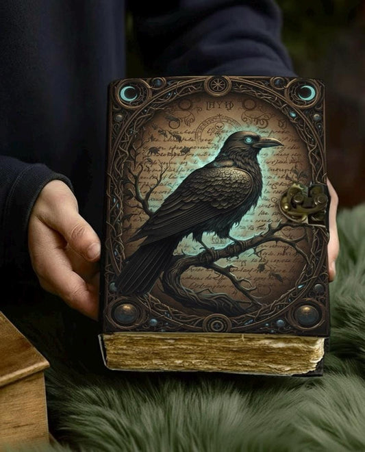 Raven Grimoire Vintage leather journal, Raven Leather Journal, Blank spell book of shadows Halloween Gifts For Him Her