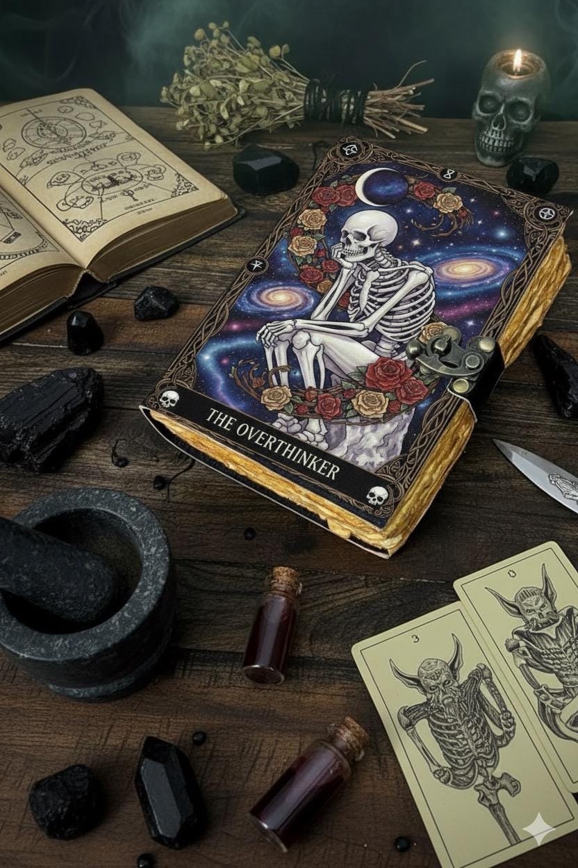 Overthinker Grimoire Leather Journal -Gothic Tarot Notebook -Blank Spell Book of shadows Handmade Sketchbook 200–400 Pages | Witchy Journal