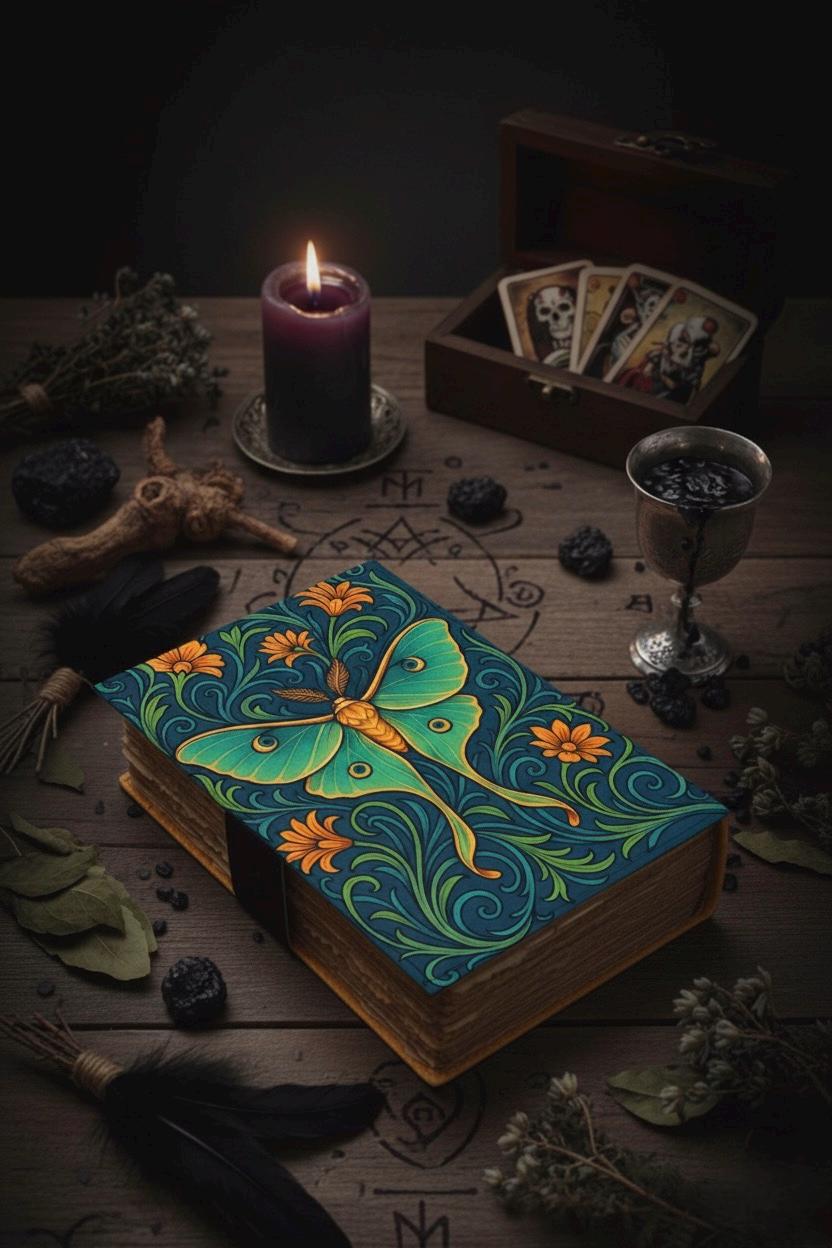 Luna Moth Grimoire – Handmade Luna Spell Book of Shadows Personalized Wiccan Leather Journal with Deckle Pages | Witchy Gift