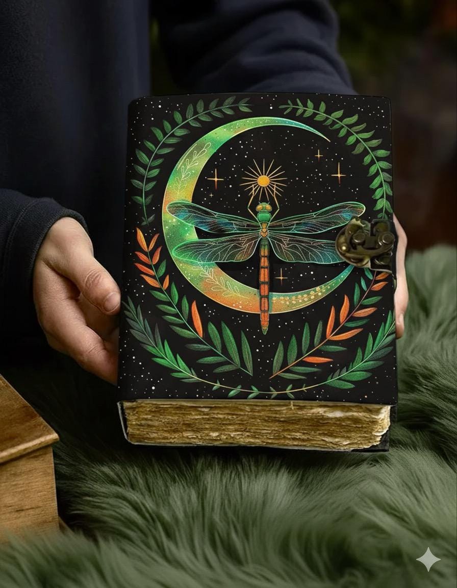 Dragonfly Leather Journal with Lock Handmade Vintage Writing Notebook Floral Diary, Sketchbook, Gift for Writers & Artists
