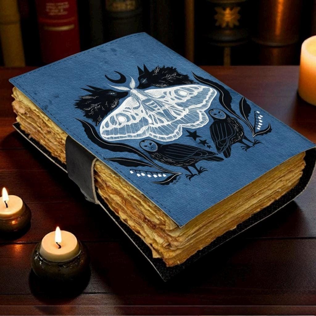 Luna Moth Grimoire Leather Journal - Owl Book of Shadows Notebook -Blank Spell Book Fox Handmade Sketchbook | Witchy Journal