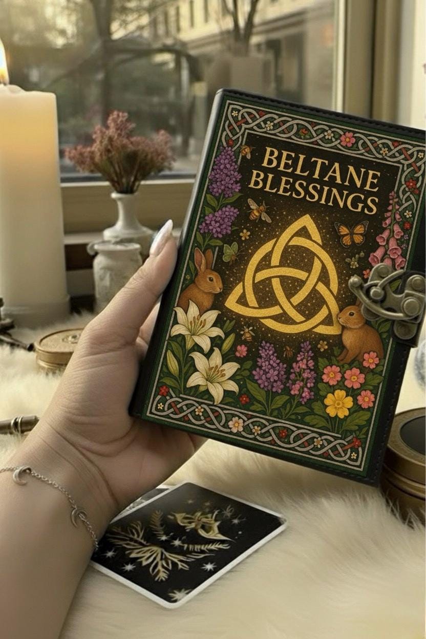 400 Page Large Beltane Blessings Grimoire leather journal, Pentagram Leather Journal, spell book of shadows Halloween Gifts For Him Her