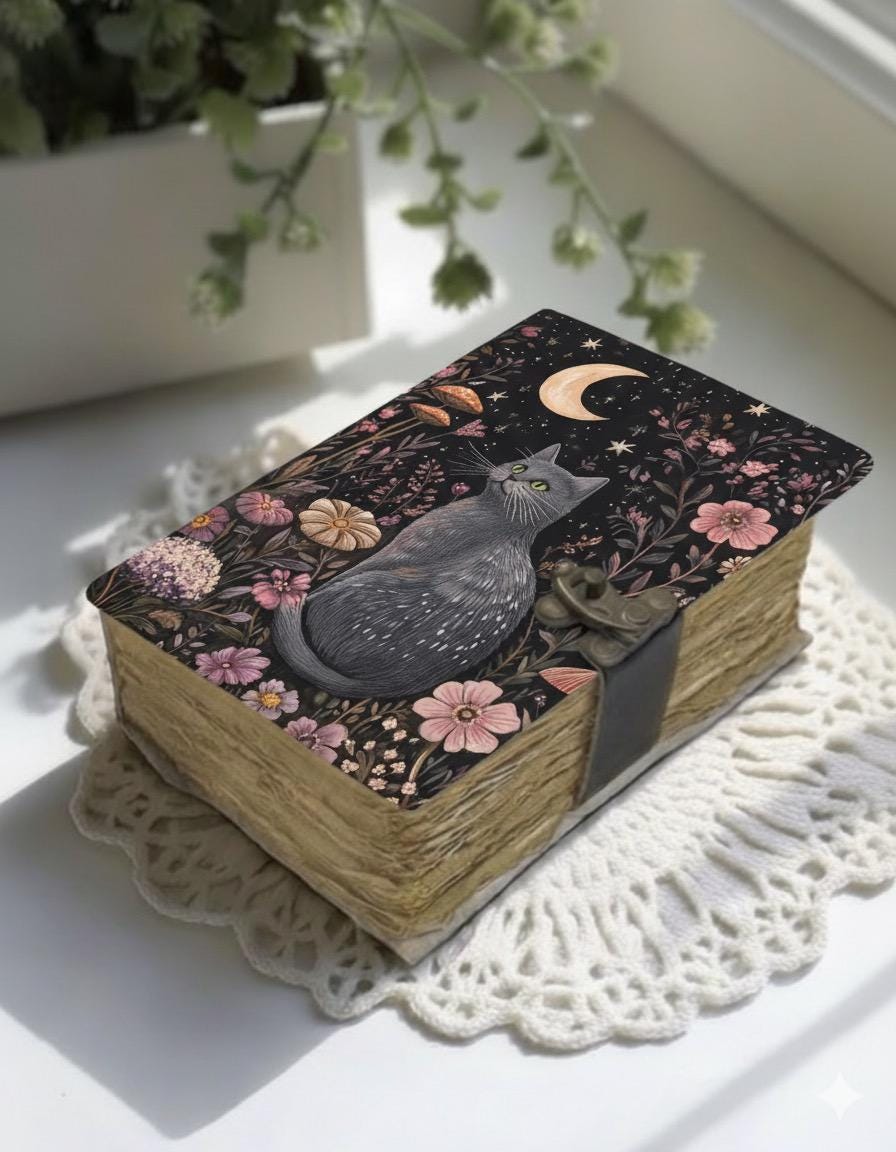 Leather Grimoire Journal: Cat With Moon Print Book of Shadows Magic Leather Journal, Spell book Magic Cat  Journal Gifts for Women