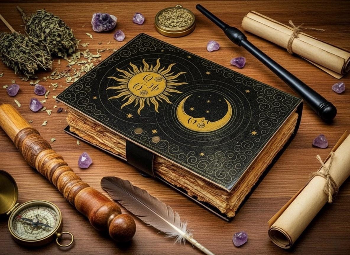 Sun Moon Grimoire Vintage leather journal, Moon Leather Journal, Blank spell book of shadows Halloween Gifts For Him Her