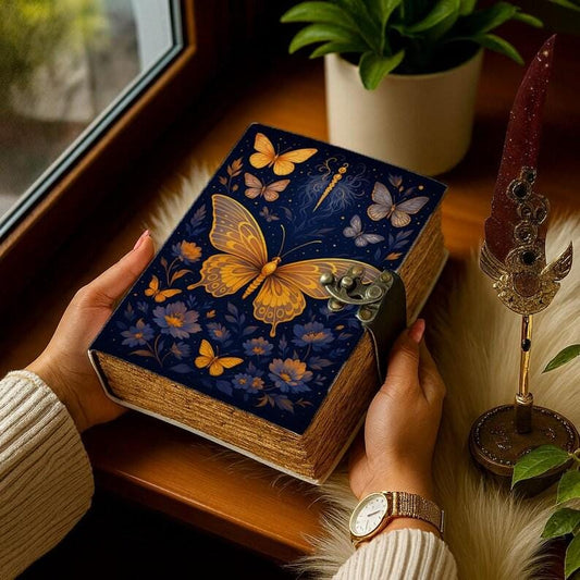 Luna Moth Grimoire – Handmade Spell Book with Lock | Personalized Wiccan Leather Journal with Deckle Pages | Witchy Gift