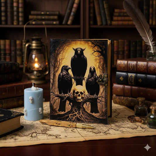Gothic Raven Journal – Leather Book of Shadows | Dark Poetry Grimoire | Handmade Diary | Witchy Writing Notebook Halloween gift