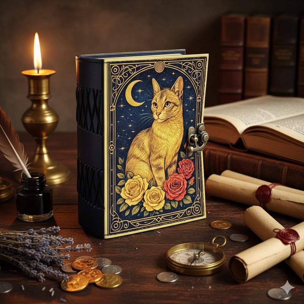 Leather Grimoire Journal: Cat Print Book of Shadows Magic Leather Journal, Spell book Magic Cat  Journal Halloween Gifts
