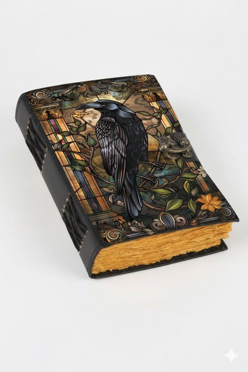400 Page Large Raven Grimoire Vintage leather journal, Raven Leather Journal, Blank spell book of shadows Halloween Gifts For Him Her
