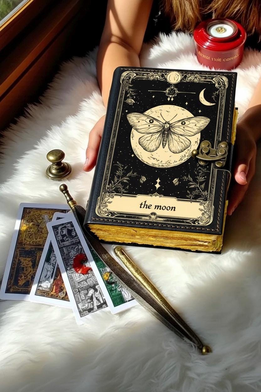 Grimoire Vintage leather journal, Moon Phase With Butterfly Handmade Fat Journal, spell book of shadows Celestial Gifts For Him Her