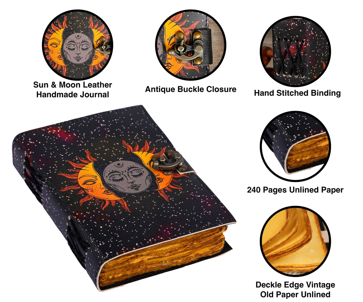 400 Page Large Sun Moon Grimoire Vintage leather journal, Moon Leather Journal, Blank spell book of shadows Halloween Gifts For Him Her