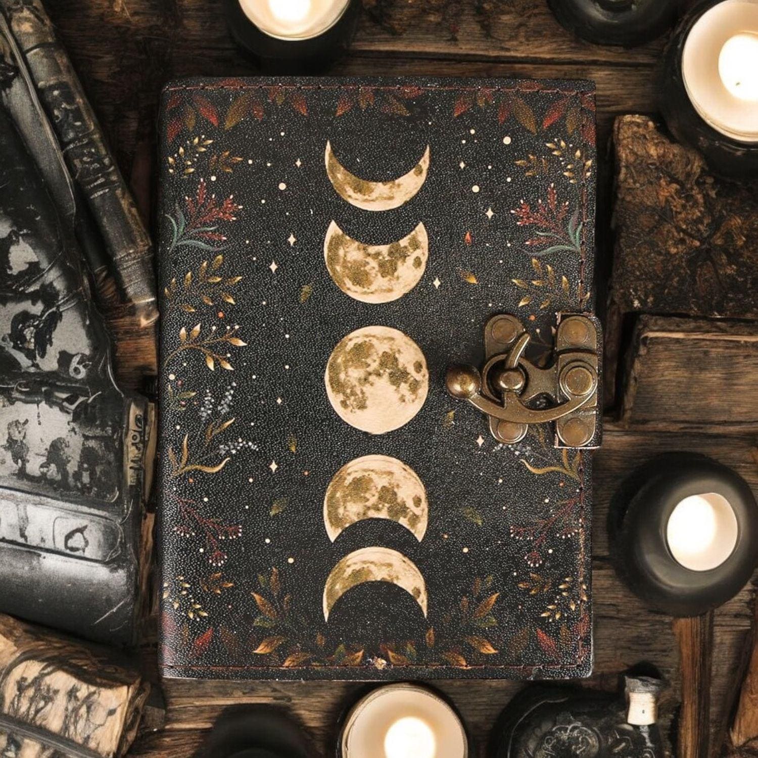 Grimoire Vintage leather journal, Moon Phase Handmade Fat Journal, Blank spell book of shadows Celestial Gifts For Him Her