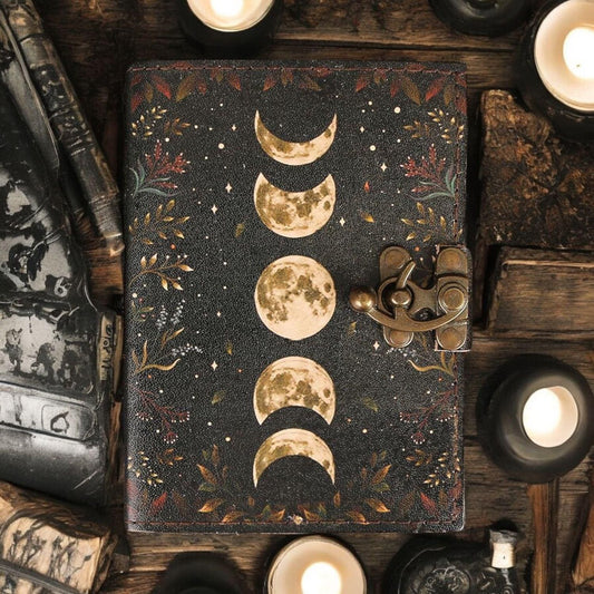 Grimoire Vintage leather journal, Moon Phase Handmade Fat Journal, Blank spell book of shadows Celestial Gifts For Him Her