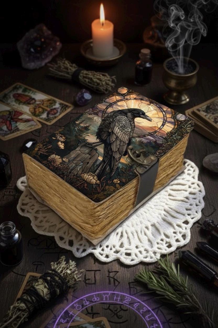 Spell book Raven Leather Journal Gothic Grimoire Book of Shadows Vintage Raven Grimoire Journal Witchcraft Journal Raven gifts for Halloween