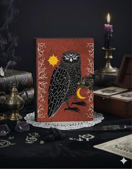 Grimoire Owl Leather Journal – Spell Book of Shadows | Leather Spell Book of Wisdom | Witchy Sketchbook Moon Magic Tarot Notebook