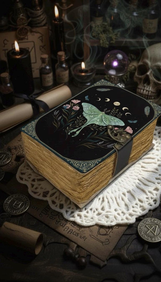 400 Page Luna Moth Grimoire – Handmade Spell Book with Lock | Personalized Wiccan Leather Journal with Deckle Pages | Witchy Gift