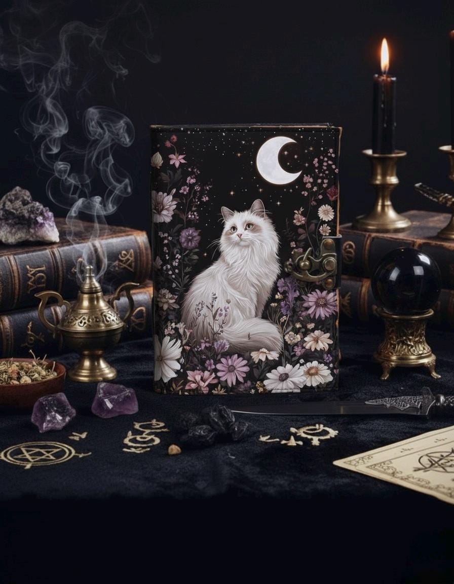 Book of shadows leather journal, Print Cat Journal, Blank spell Grimoire Leather Celestial Halloween Gifts For Him Her