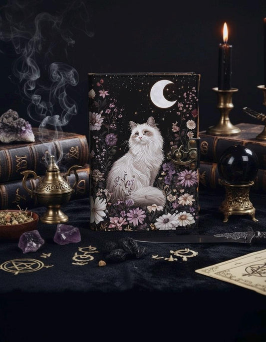 Book of shadows leather journal, Print Cat Journal, Blank spell Grimoire Leather Celestial Halloween Gifts For Him Her
