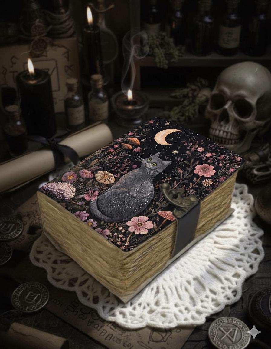 Leather Grimoire Journal: Cat With Moon Print Book of Shadows Magic Leather Journal, Spell book Magic Cat  Journal Gifts for Women
