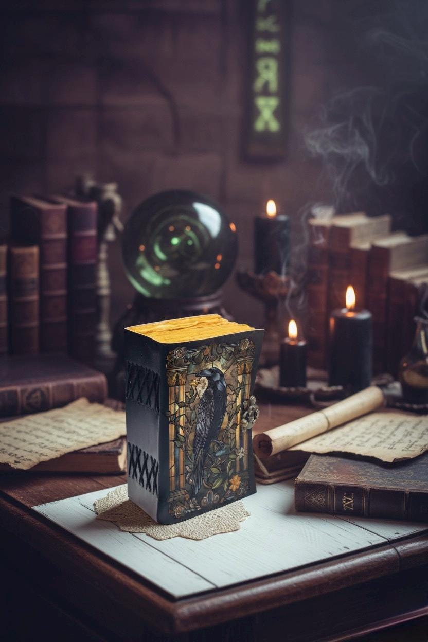 400 Page Large Raven Grimoire Vintage leather journal, Raven Leather Journal, Blank spell book of shadows Halloween Gifts For Him Her