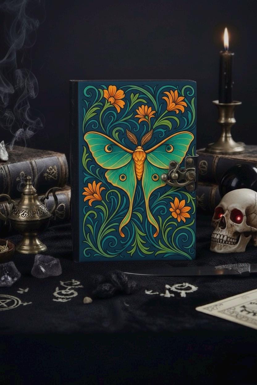 Luna Moth Grimoire – Handmade Luna Spell Book of Shadows Personalized Wiccan Leather Journal with Deckle Pages | Witchy Gift