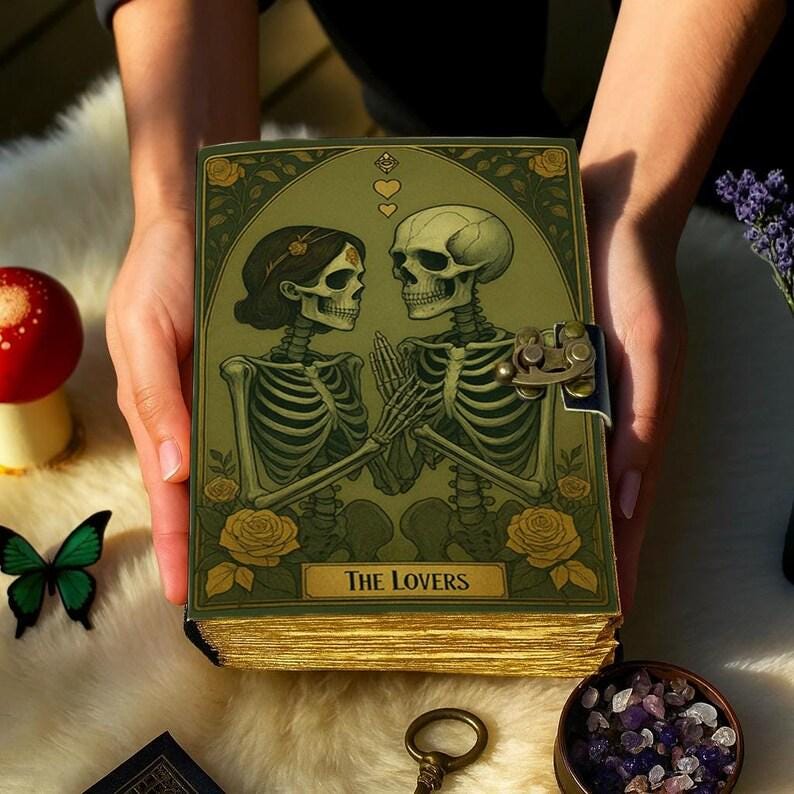 Grimoire leather journal, The Skull Lovers Handmade Fat Journal, Blank spell book of shadows Celestial Lover Gifts For Him Her