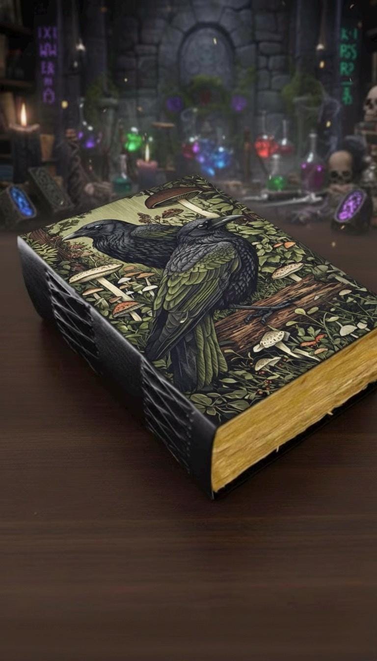 400 Page Large Raven Grimoire Vintage leather journal, Raven Leather Journal, Blank spell book of shadows Halloween Gifts For Him Her