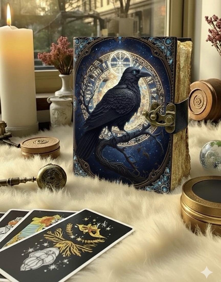 Raven Grimoire Vintage leather journal, Raven Leather Journal, Blank spell book of shadows Halloween Gifts For Him Her