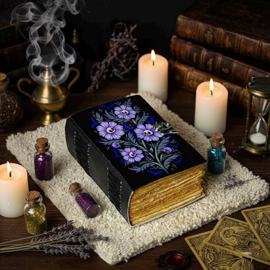 Purple Skull Flower Leather Journal Handmade Gothic Grimoire Notebook Dark Floral Witchy Book of Shadows, Vintage Occult Writing Diary Gift