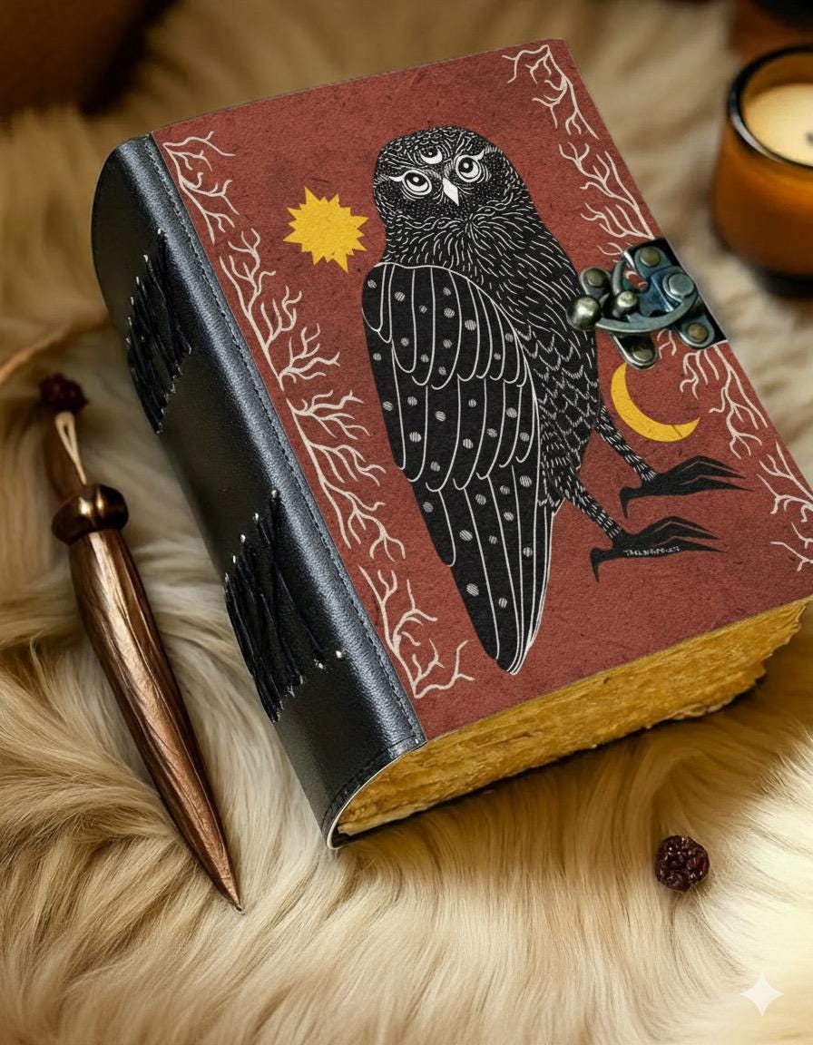 Grimoire Owl Leather Journal – Spell Book of Shadows | Leather Spell Book of Wisdom | Witchy Sketchbook Moon Magic Tarot Notebook