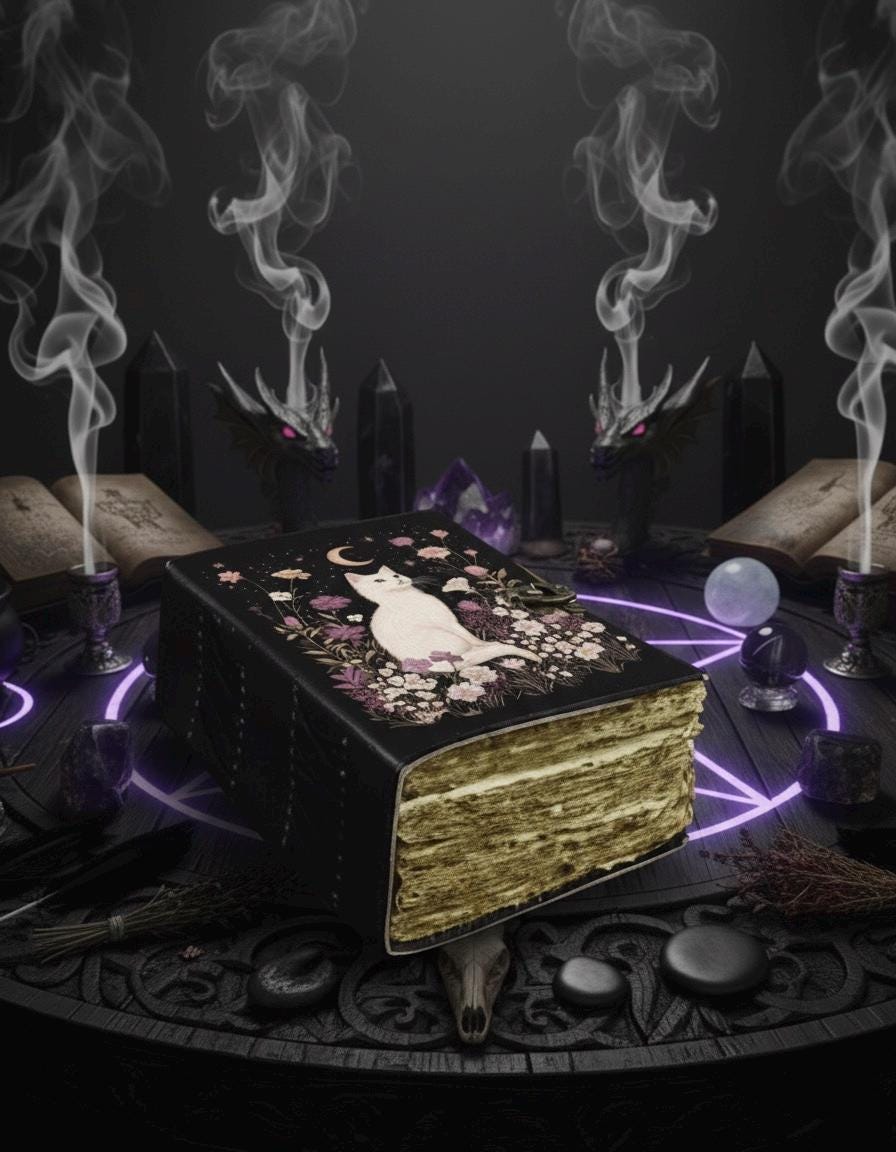 400 Page Large Leather Grimoire Journal: Cat Print Book of Shadows Magic Leather Journal, Spell book Magic Cat  Journal Halloween Gifts